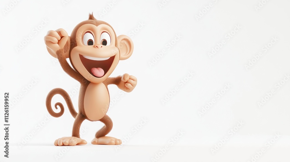Poster a cheerful cartoon monkey figure with an excited expression and playful pose.