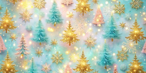 Pastel Christmas Tree Pattern, Gold Snowflake Night Photography, Festive Holiday Background
