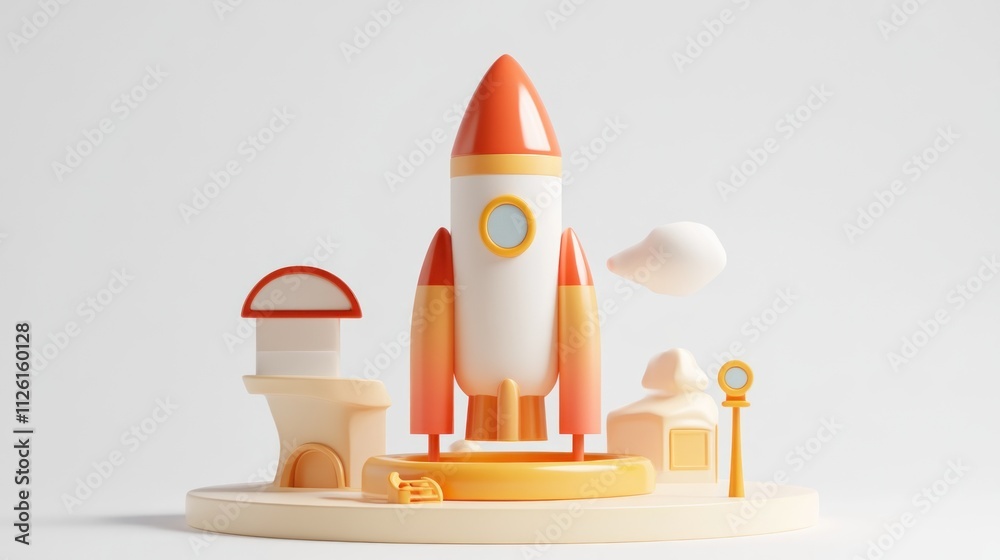 Aufkleber a stylized rocket model on a platform with whimsical buildings and clouds.