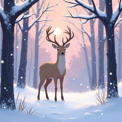 Fototapeta premium A beautiful deer in a winter forest with pink purple gradient sky at the back and sunset