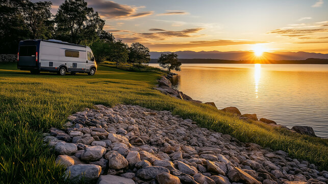 Camper van parked near lake enjoying golden sunset over mountains