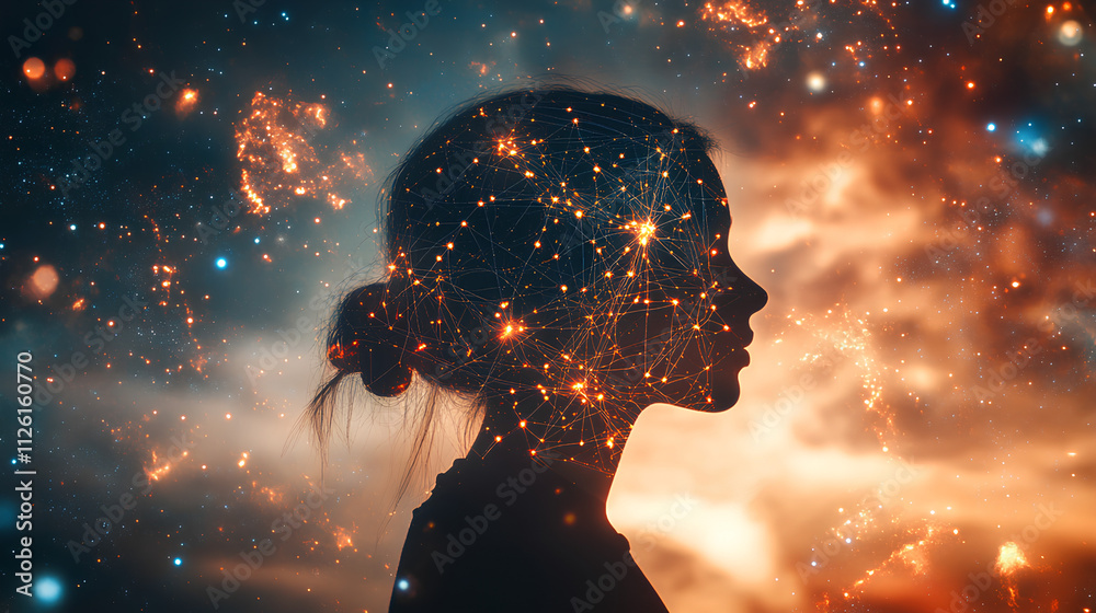 Canvas Prints silhouette of a head with a network of glowing neural connections against a cosmic background. ideal