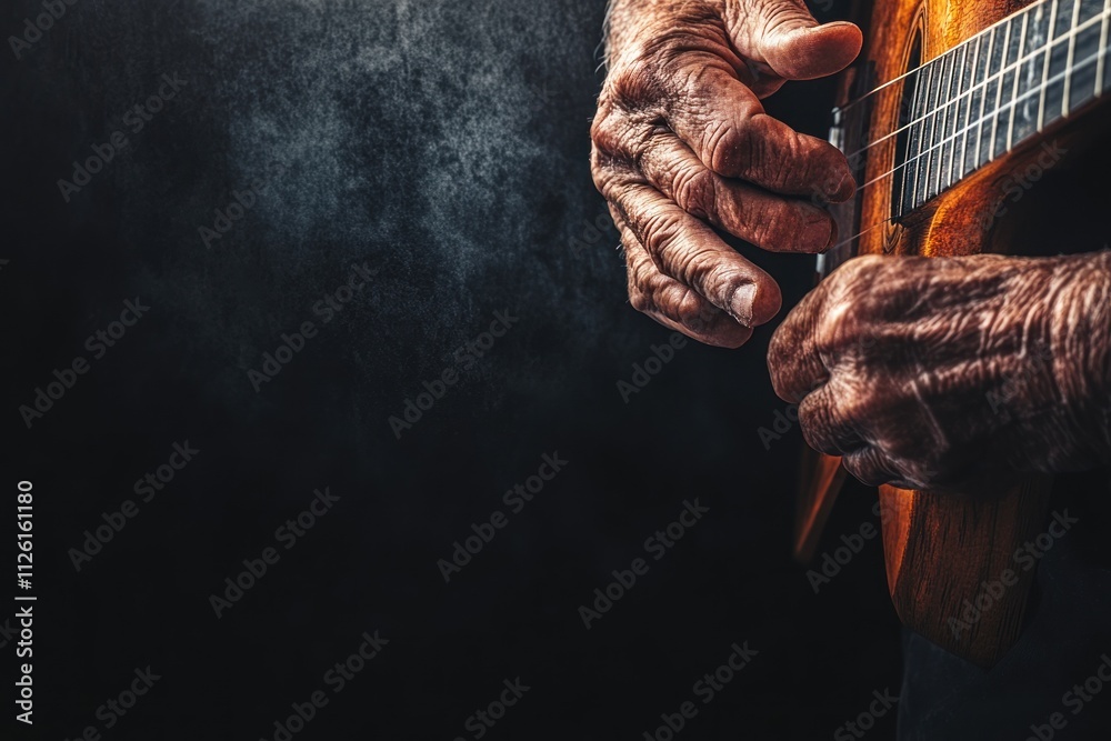 Poster close-up of aged hands playing a string instrument against a dark background.