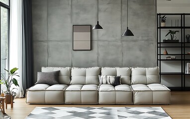 Modern living room with beige modular sofa, concrete wall, and minimalist decor.