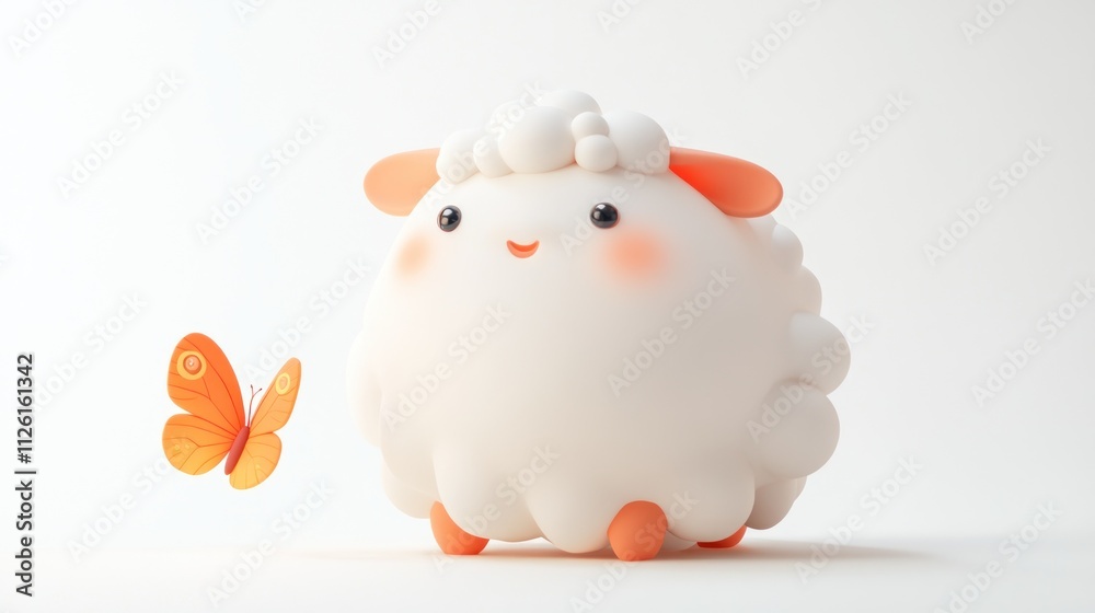 Poster a cute, fluffy sheep character interacting with a colorful butterfly.