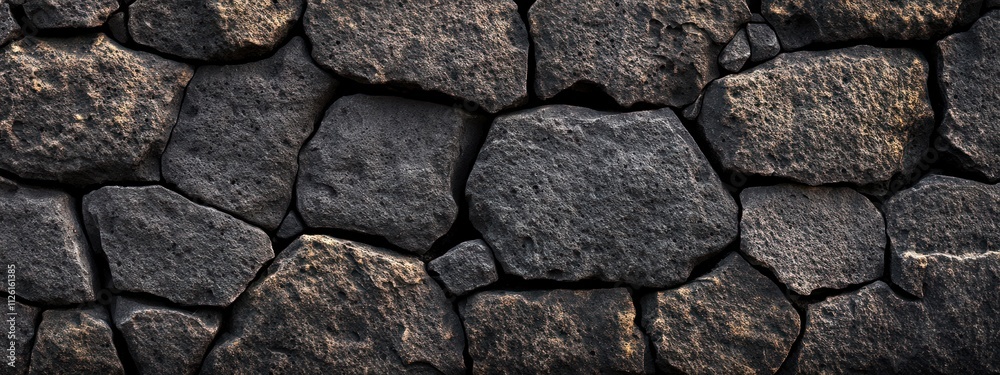 Poster a textured stone wall composed of various shapes and sizes of dark stones.