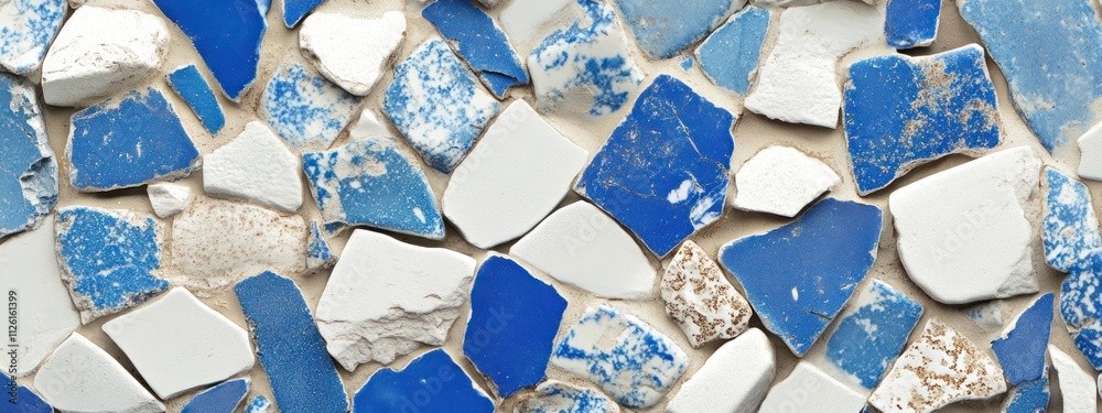 Poster a mosaic of blue and white tiles, showcasing a textured and colorful surface.