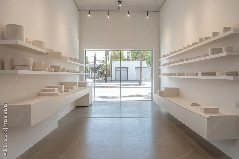 Poster minimalist gallery space with white shelves displaying geometric objects and natural light.