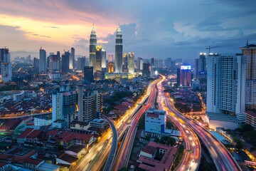 Naklejka premium Kuala Lumpur's skyline transforms into a vibrant tableau at dusk, with skyscrapers glowing and car lights create streaks along the busy roads below.