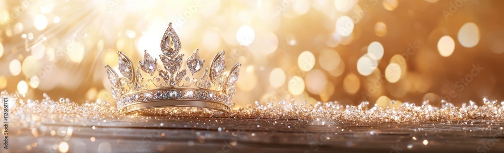 Poster a sparkling crown on a shimmering surface, symbolizing royalty and elegance.
