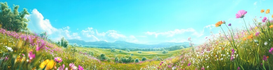 Fototapeta premium A vibrant landscape filled with colorful flowers under a bright blue sky.