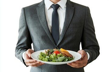 A man in a suit holding a plate of food