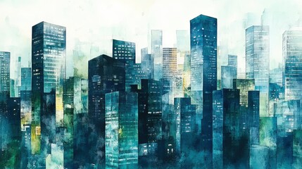 Obraz premium A watercolor depiction of a modern city skyline with tall buildings and soft colors.