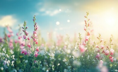 A vibrant field of flowers illuminated by sunlight, creating a serene and uplifting atmosphere.