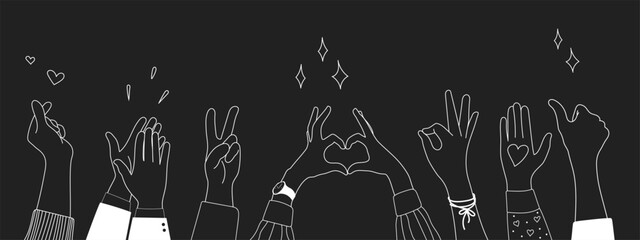 Doodle sketch hands up gestures comic icons silhouettes vector set. Group of line art fun comic hands in the air. Voting or happy congratulation audience recognition symbols.