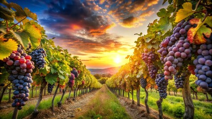 Naklejka premium Vineyard In Fall Harvest With Ripe Grapes At Sunset 