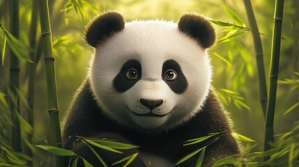 Obraz premium A close-up portrait of a panda with soft eyes, surrounded by towering bamboo stalks in a serene forest setting.