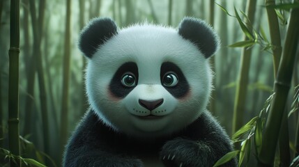 Obraz premium A close-up portrait of a panda with soft eyes, surrounded by towering bamboo stalks in a serene forest setting.