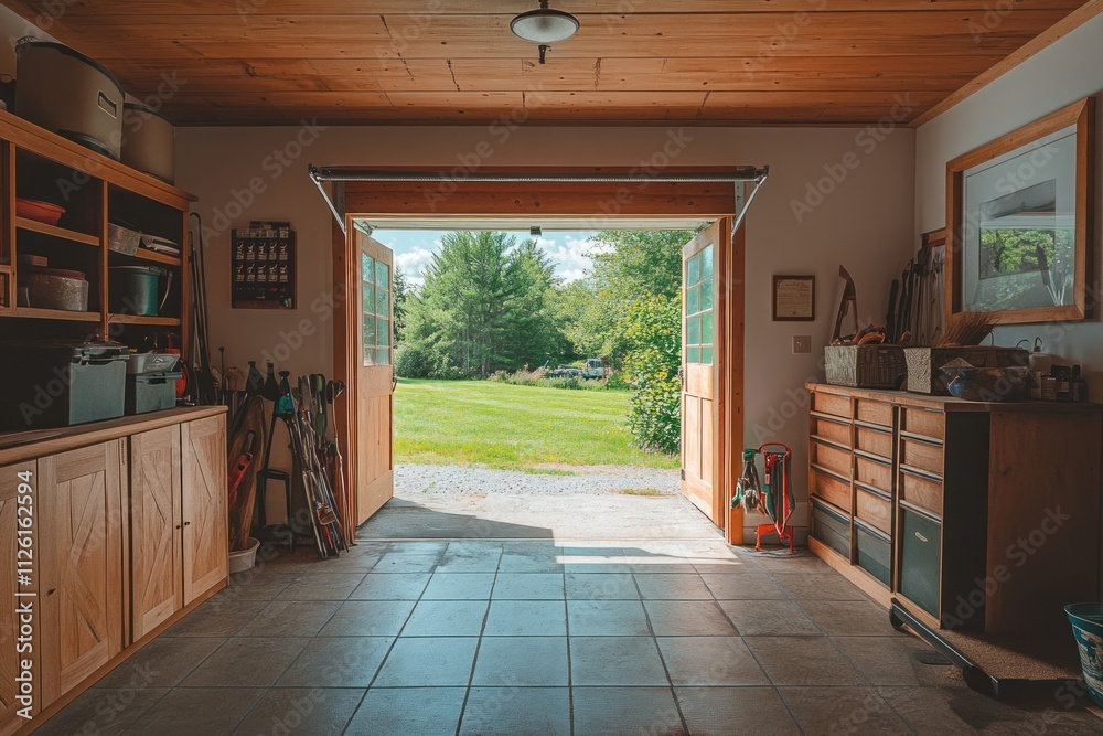 Aufkleber a spacious garage with wooden elements and an open view of a green landscape outside.