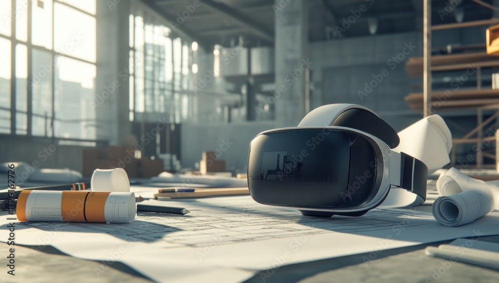 Poster a virtual reality headset rests on architectural plans in a modern workspace.