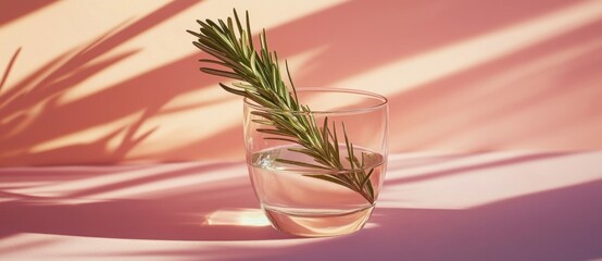 A glass of water with a sprig of rosemary, cast in soft light and shadows.