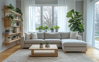 Bright living room with sofa, plants, shelves, and large window.