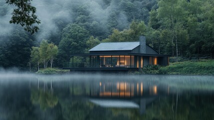 Fototapeta premium A contemporary home reflecting on a serene lake, surrounded by the soft fog of a dense forest.