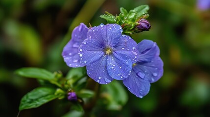 Close-up of vibrant purple flowers with water droplets, showcasing delicate petals and lush green leaves in a garden setting.