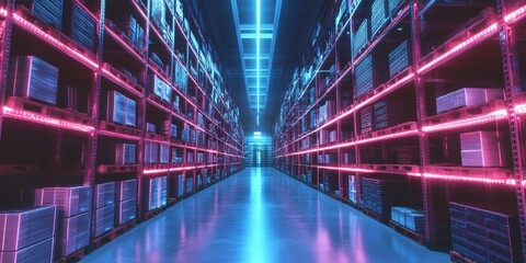 Obraz premium Futuristic Technology Retail Warehouse: Digitalization and Visualization of Industry 4. 0 Process that Analyzes Goods 