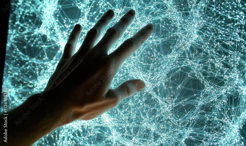 Poster a hand reaching out to a glowing network, symbolizing interaction with technology.