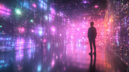 Visitor stands in immersive light installation at modern art gallery during evening event