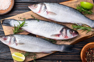 Raw sea bass fish photography . Top view