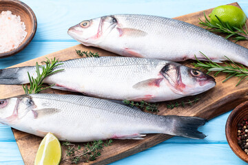 Raw sea bass fish photography . Top view