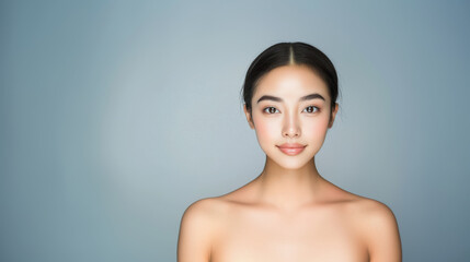 Obraz premium close up portrait of Asian woman with glowing skin, showcasing natural beauty and serene expression. soft lighting enhances her features and creates calm atmosphere