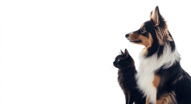 A dog and a cat sit together against a white background, showcasing their companionship.