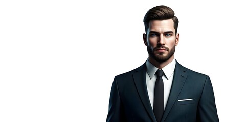 Male model with well-groomed hair and beard, isolated on a white background perfect for showcasing skincare, cologne, or shaving products.