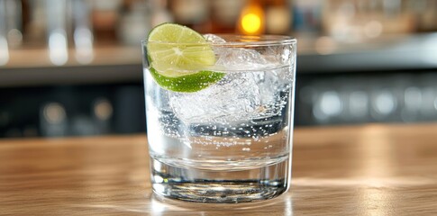 A refreshing drink with bubbles and a lime wedge in a glass.