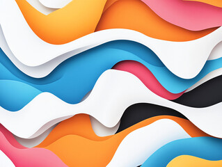 Energetic abstract shapes in bold color scheme create dynamic visual experience. vibrant waves of orange, blue, pink, and white evoke sense of movement and creativity