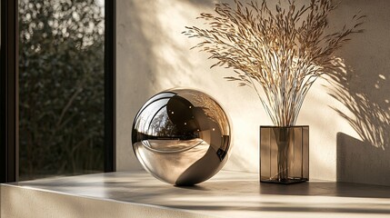 Fototapeta premium A reflective sphere on a sleek glass surface creates captivating reflections against a minimalist backdrop, highlighting modern elegance.