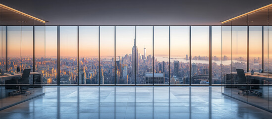 Open office space with glass walls, high-rise city view
