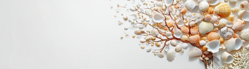 A creative arrangement of seashells forming a tree-like structure on a light background.