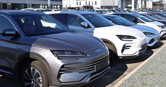 Udine, Italy. November 1, 2024. BYD Song plus models in a row in front of the official dealership of the chinese electric vehicles automaker BYD