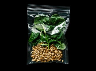 A clear bag containing fresh spinach leaves and seeds, showcasing healthy food options.