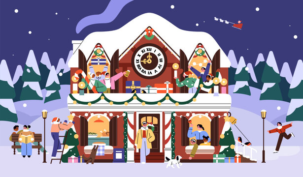 Facade of holiday clock tower with decorations, ornaments. Happy people have fun, celebrate Christmas on frontage of house. Xmas exterior of building on New Year landscape. Flat vector illustration