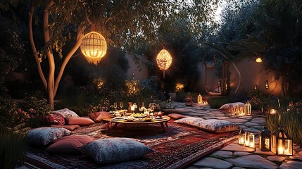 Romantic outdoor dinner party at night in a lush garden with lanterns and pillows.