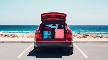 Red Car Packed for Beach Vacation
