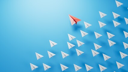 Different business concept.new ideas. paper art style. creative idea.Leaderplane concept with red paper plane leading among white.3D rendering on blue background.