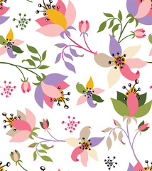 Artistic ditsy floral seamless pattern design for textile and printing. Repeat texture background of abstract flowers and leaves