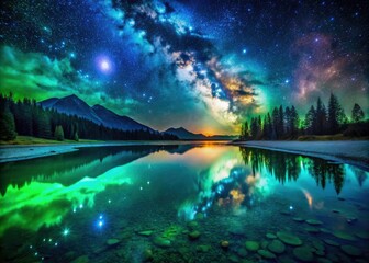 Surreal Milky Way Galaxy over Emerald Lakebed - Night Photography, Astrophotography, Landscape, Dreamlike, Fantasy