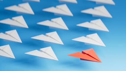 Different business concept.new ideas. paper art style. creative idea.Red and white paper plane. Leaderplane concept.3D rendering on blue background.